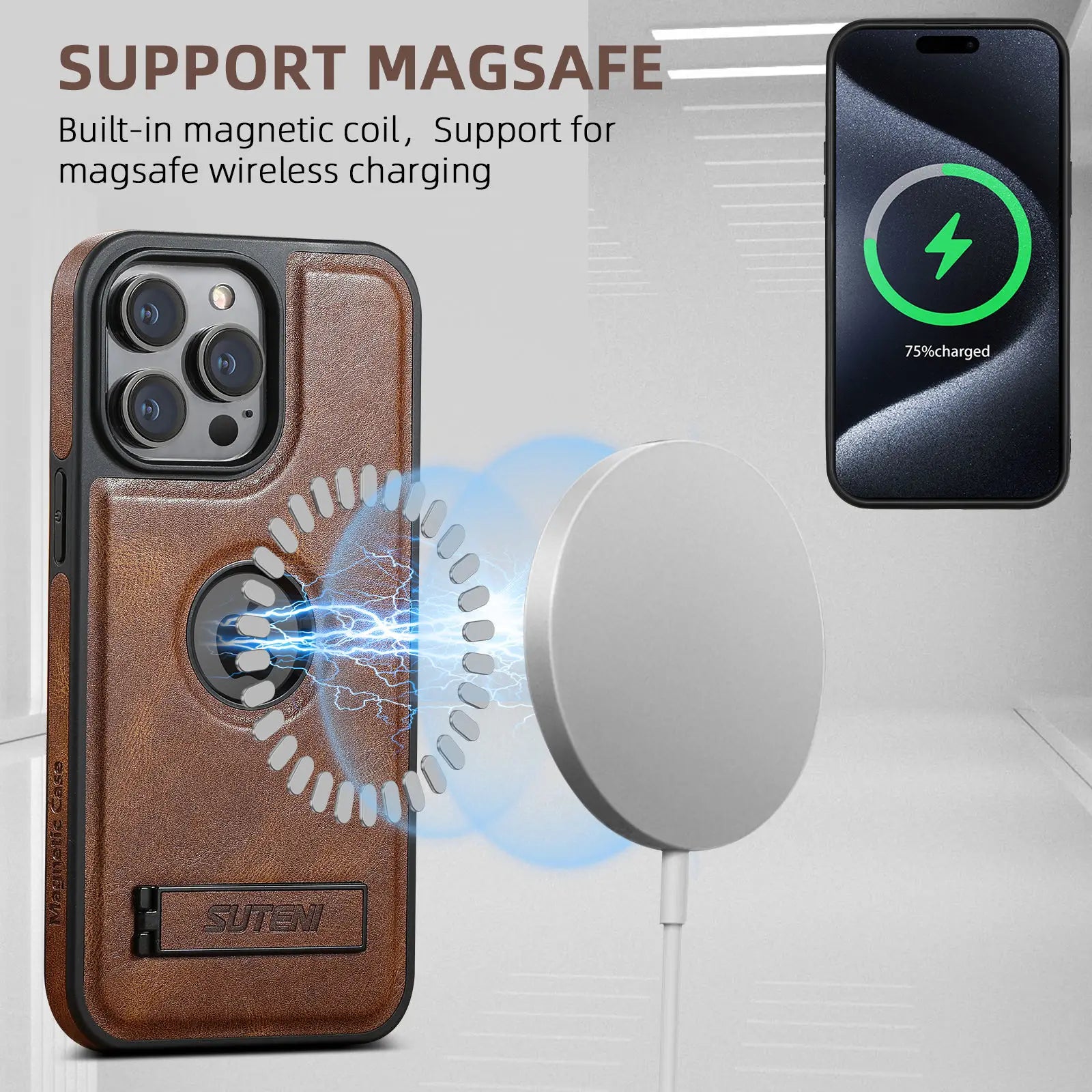 For iPhone 15 14 13 12 Pro Max Leather Case, [Compatible with Mag-safe] Built-in Invisible Stand Protective Slim Kickstand Cover