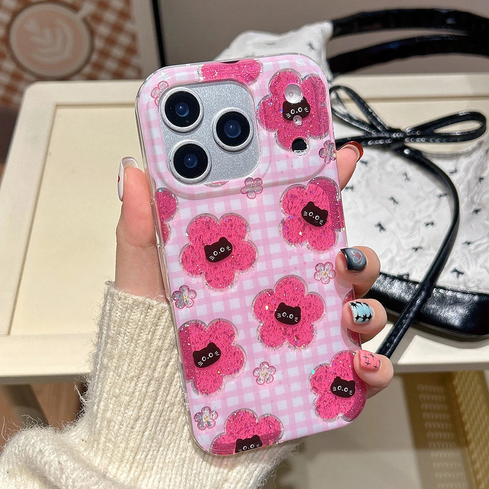 Cute Pink Grid Pattern for Iphone 17Promax Cartoon Black Cat Glitter Case for iPhone 14 15 16 Pro Max 17 pro Shockproof Cover
