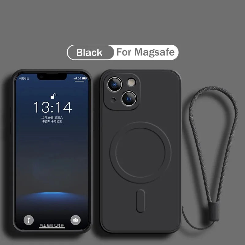 For Magsafe Magnetic Wireless Charge Case for IPhone 15 16 14 13 12 11 Pro Max Mini XR XS Plus Soft Liquid Silicone Strap Cover
