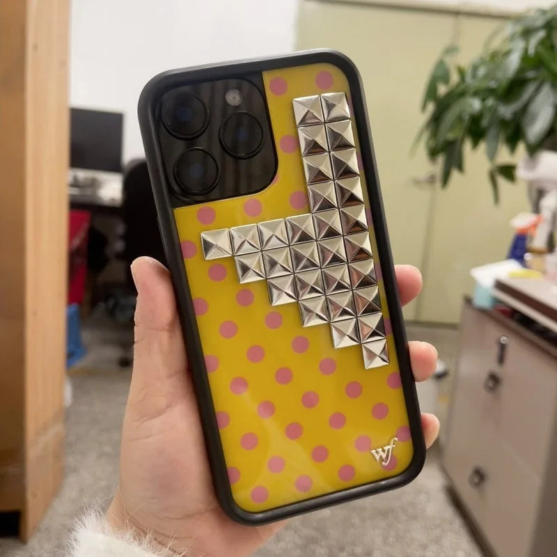 Wildflower 3D silver solid rivet Black white brown yellow Polka Dots Phone case For iPhone 13 12 14 15 16 17 Pro Max Plus Cover﻿