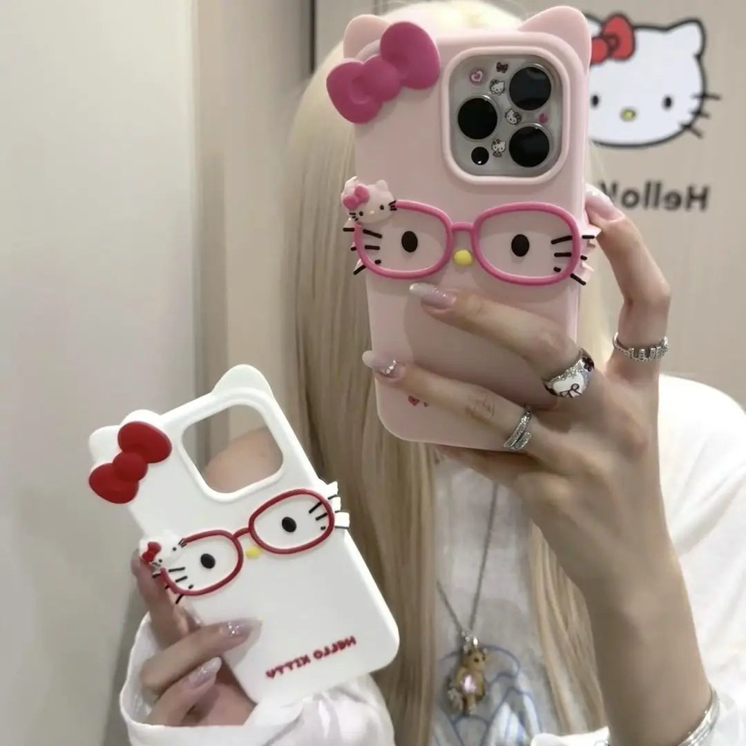 Sanrio 3D Cartoon Glasses Hello Kitty Phone Case For iPhone 17 Promax 16 15 14 13 12 Pro Max 11 So Cute Y2K Soft Silicone Cover