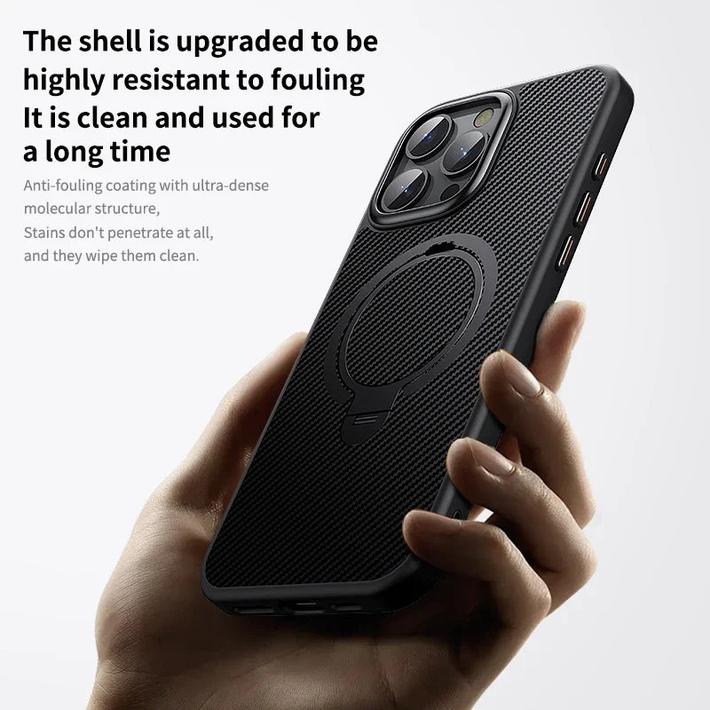 360° Ring Holder Carbon fiber Magnetic phone Case for iPhone 12 13 15 14 16 Pro max Wireless Charging Stand Suitable Phone Cover