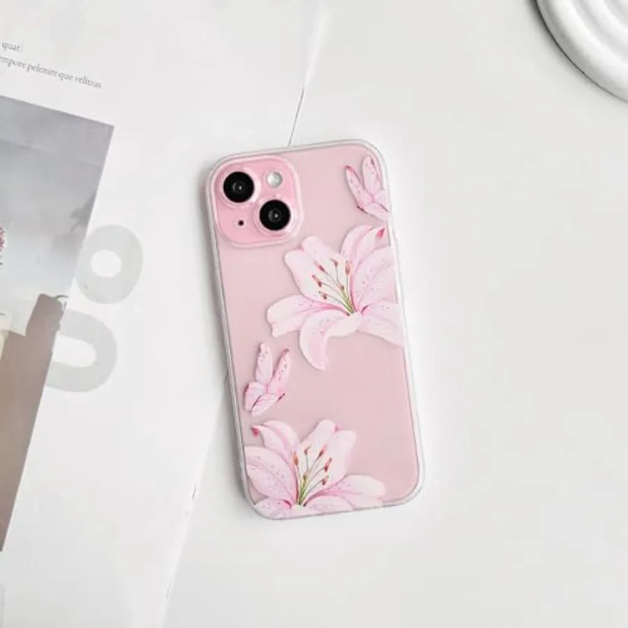 Compatible with iPhone 15 Case Clear Cute Butterfly Lily Flower Floral Pattern for Women Girls Full Camera Lens Clear Slim Shoc