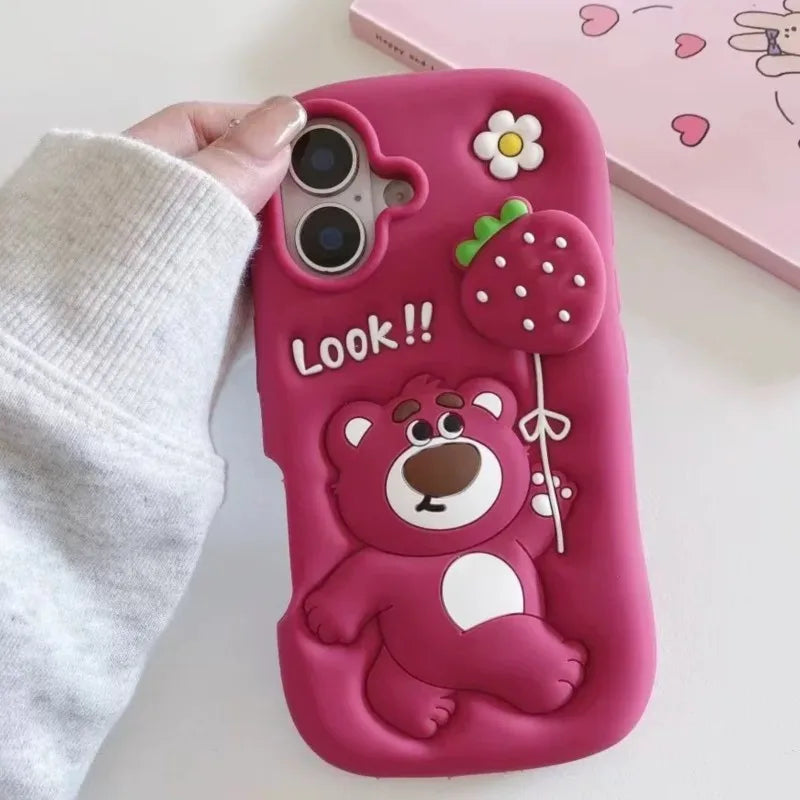3D Lotso Strawberry Bear Silicone Phone Case with Strawberry Balloon for iPhone 16 15 14 13 12 11 Pro Max Cute Shockproof Cover