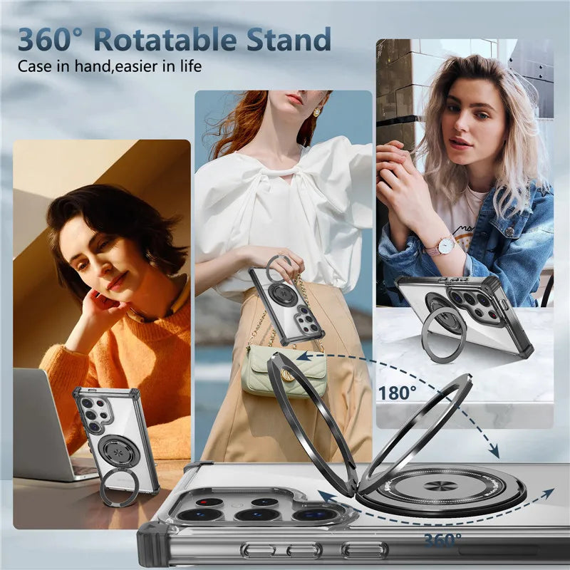 Rotating Magnetic Magsafe Bracket Case For Samsung Galaxy S26 Ultra S26 Plus S26 Ring Stand Holder Transparent Protective Cover