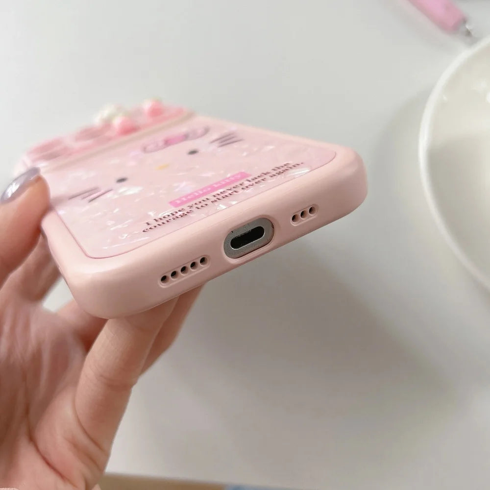 Sanrio HelloKitty Lines Expression Phone Case For iPhone 17 16 15 Pro Max Cartoon 3D Strawberry KT Cat Ear Lens Protection Cover