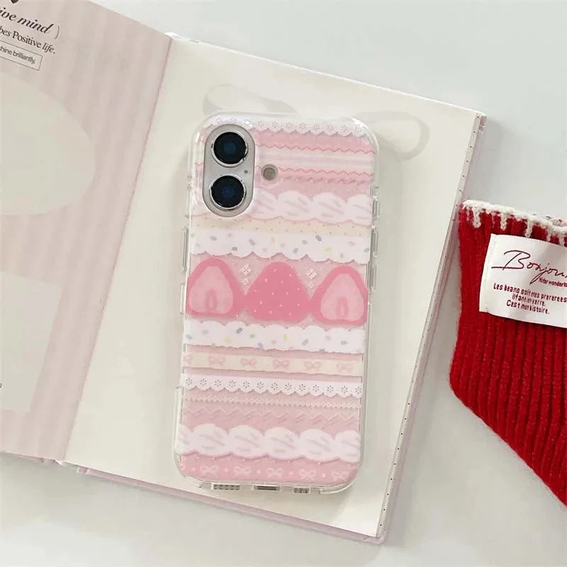 Cream Strawberry Cake Lace Bowknot Phone Case For iPhone 17 16 15 14 13 12 11 Pro Max 16e 17 Air X XR XS Max 7 8 Plus Soft Cover