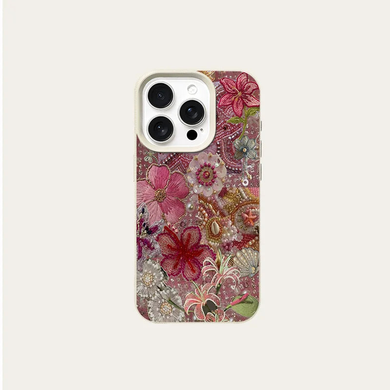 Floral Beaded Ocean Patchwork Phone Case for Samsung S26 S25 S24 S23 S22 S21 S20 Note20 Ultra Plus A73 A55 5G Silicone Cover