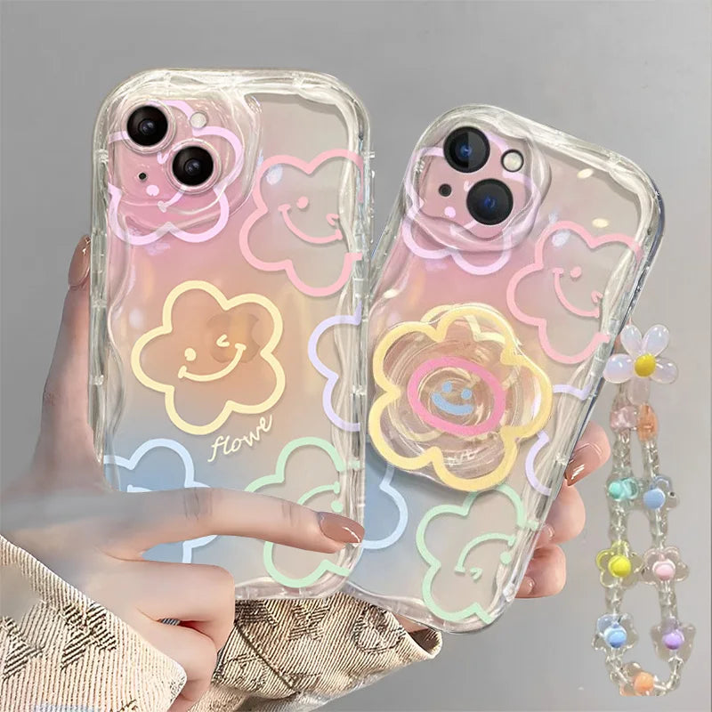 Smile Flower Lanyard Chain Case For Samsung Galaxy S26 S25 FE S24 Ultra Plus FE A17 A57 A37 A56 A55 A16 A15 A54 A53 A36 A26 5G