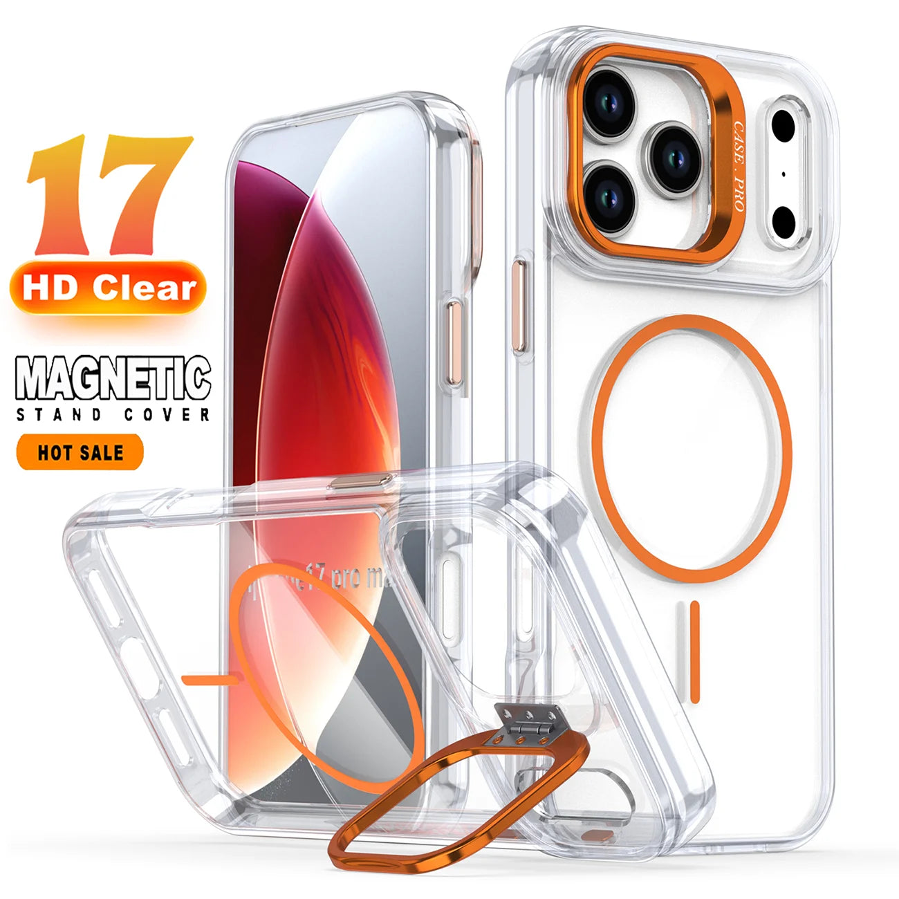 For Magsafe Transparent Phone Cases For iPhone 17 Pro Max Air 14 15 Plus 11 13 12 16 Pro 16E Camera Metal Holder Protector Cover