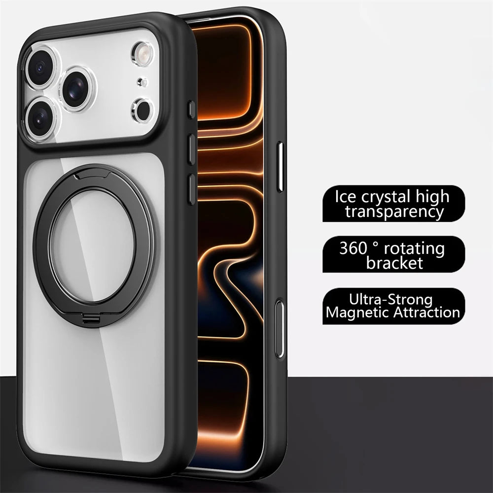 360°Rotate Magnetic Bracket Mobile Phone Case For iPhone 17 Pro 16 Pro Max Air Transparent Frosted Shockproof For Magsafe Cover