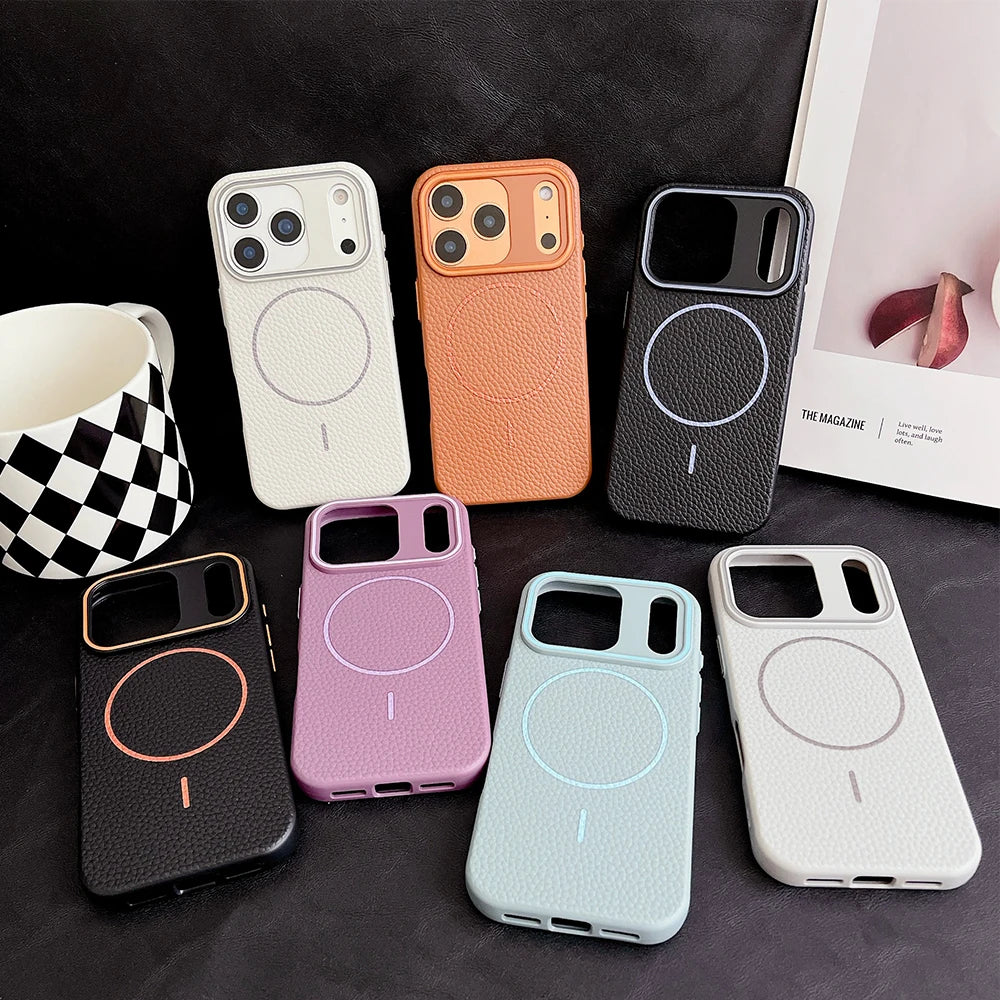 Titanium gray lychee pattern leather magnetic phone case for iphone 17 16 15 14 13 12 11 Pro Max Air magsafe charging soft cover