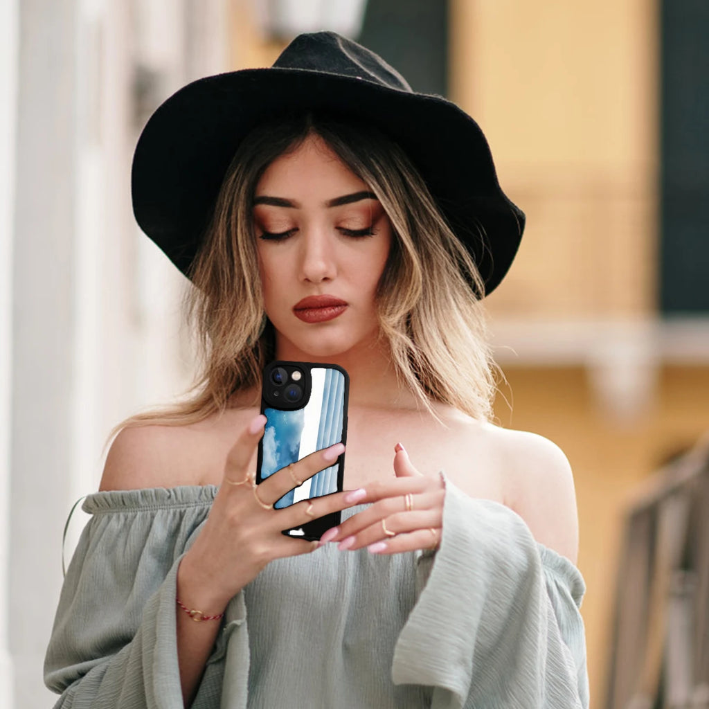 Phone Case Blue Sky Clouds And Vertical Stripes Pattern For Iphone X To Iphone 16 Pro Max Outdoor Travel And Daily Use