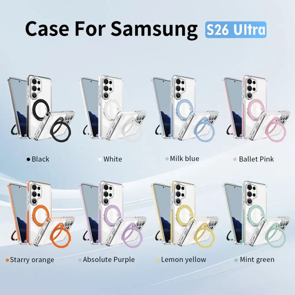 S26 Ultra Bracket For Magsafe Phone Case For Samsung S26 S25 FE S24 Plus S23 Ultra 360° Ring Stand Holder Clear Airbag TPU Cover