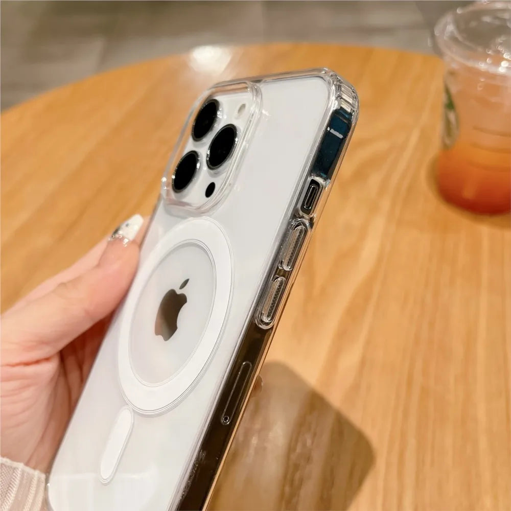 For Magsafe Magnetic Transparent Wireless Charge Case For iPhone 11 12 13 14 15 16 17 Air Pro Max Plus Mini Shockproof PC Cover