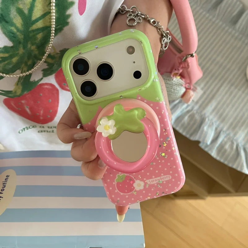 Korean Star Polka Dot Strawberry Magnetic Phone Case For iPhone 17 Pro 15 14 16 Pro Max Cover with Magsafe Stand Cute Cases Capa