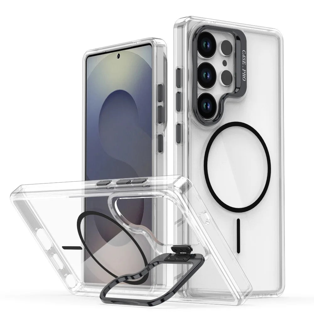 Luxury Clear For Magsafe Magnetic Lens Stand Holder Phone Case For Samsung S25 Ultra S24 S23 Plus FE A06 A07 A16 A17 A26 Cover