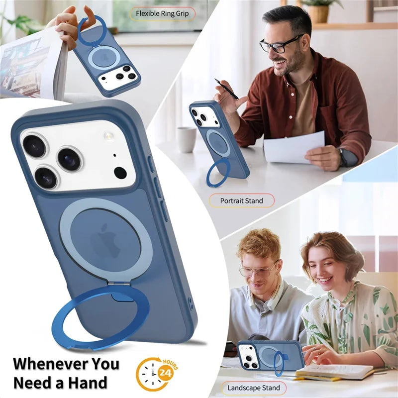Luxury For Magsafe Fold Stand Magnetic Phone Case For iPhone 17E 16 15 17 Pro Max 16E Air 14Plus 13 12 Frosted Translucent Cover