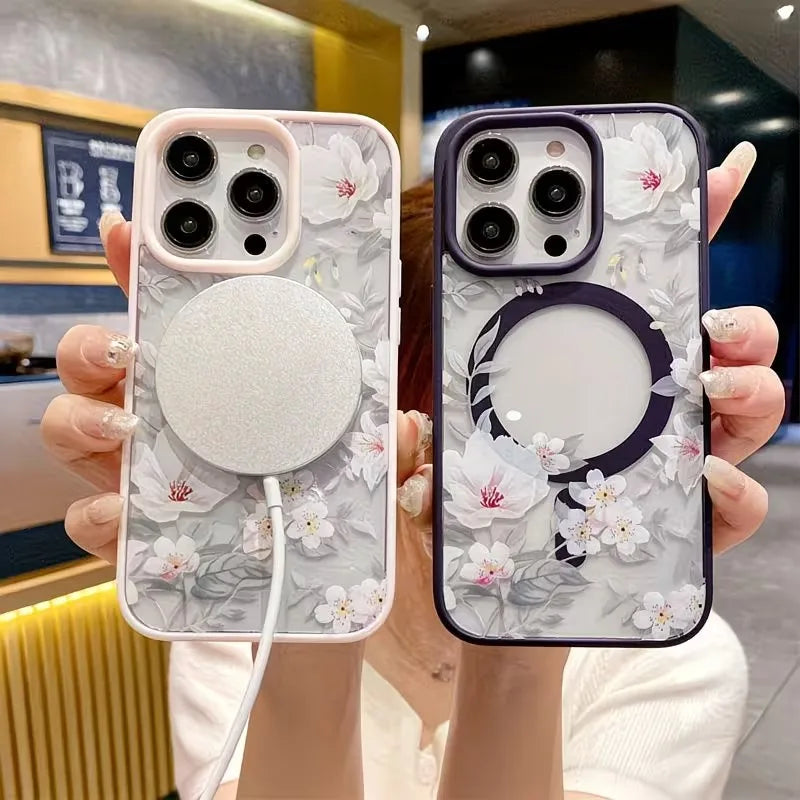Fashion Flower Wireless Charging Phone Case For iPhone 17 16 15 14 13 12 11 Pro Xs Max Plus Air Mini XR X 17e 16e Magsafe Cover