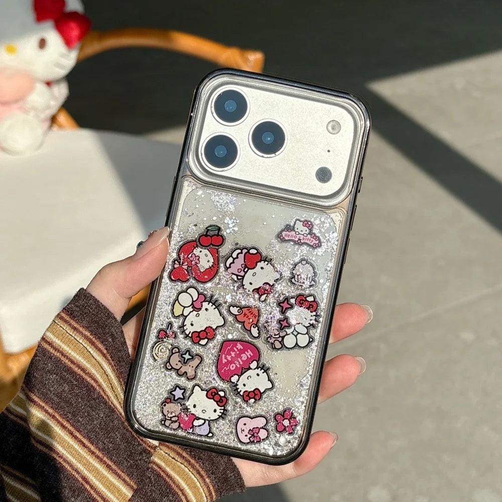 Cute HelloKitty Cat Bling Glitter Quicksand Transparent Phone Case For iPhone 17 16 15 14 13 Pro Max Cartoon Black Bumper Cover