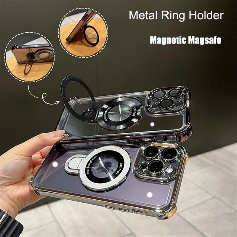 Luxury Shockproof For Magsafe Clear Case For iPhone 17 Pro Max Air 11 12 13 14 15 16 Plus Plating Magnetic Holder Stand Cover