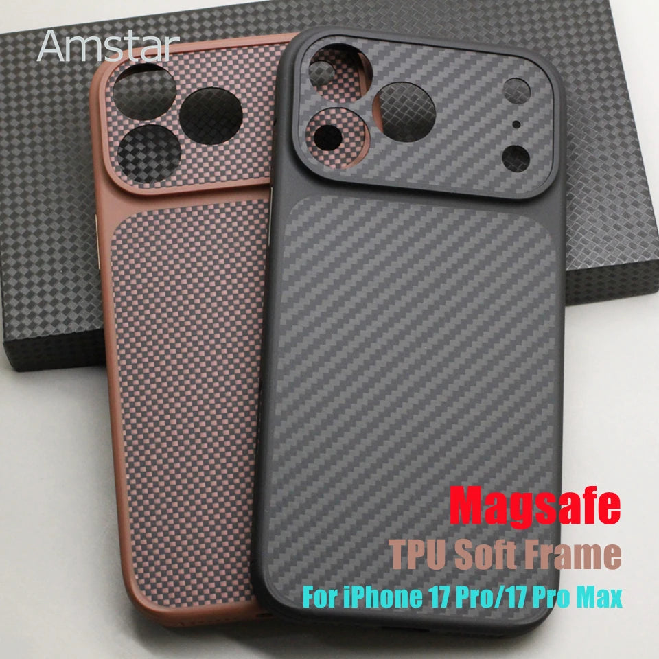 Carbon Fiber Magnetic Case TPU Soft Frame for iPhone 17 Pro Max / 17 Pro Kevlar Aramid Fiber Anti-fall Magnetic Case