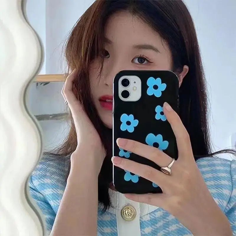 INS Fashion Blue Flower Phone Case For IPhone 17 16 Pro 15 14 13 12 11Promax XS XR 78Plus Fashion Anti Fall Minimalist Cover Y2k