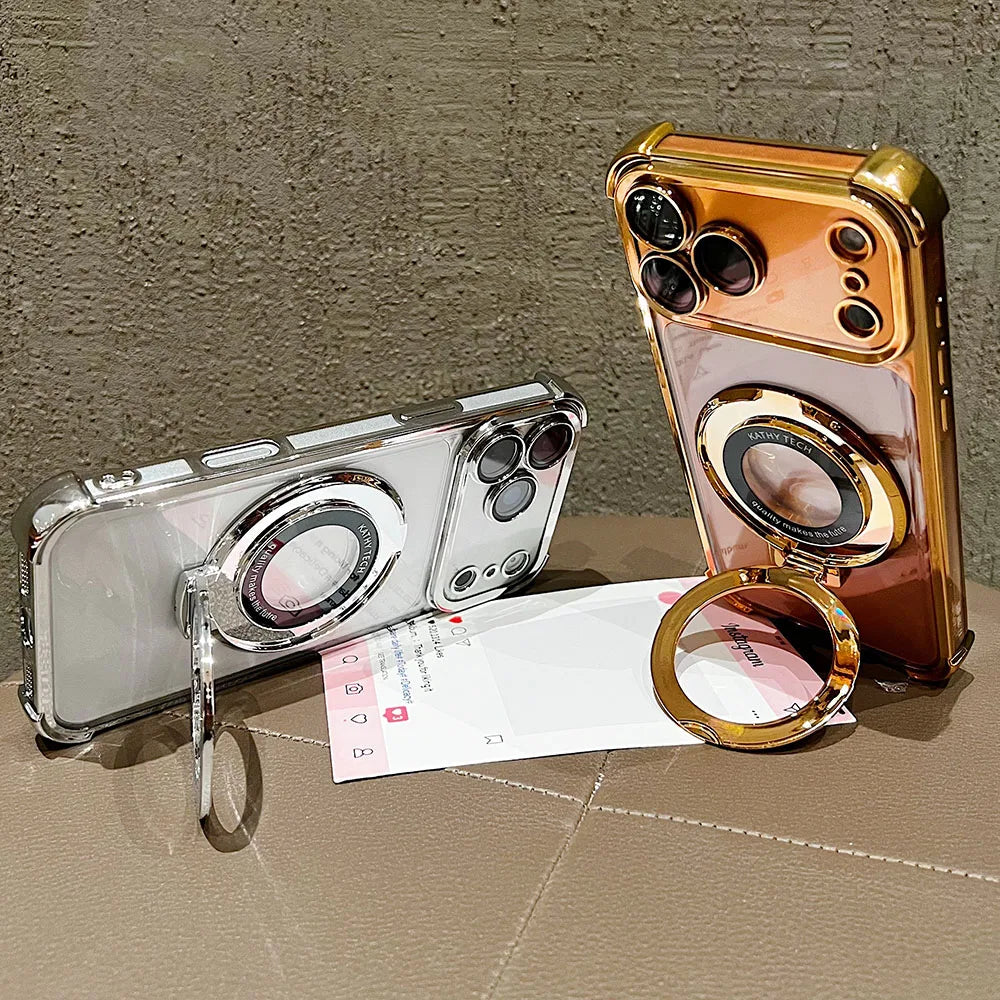 Premium Transparent Magnetic TPU Case for iPhone 17 16 15 14 13 12 11 Pro Max 16Plus Air With Ring Stand Plated Clear Soft Cover