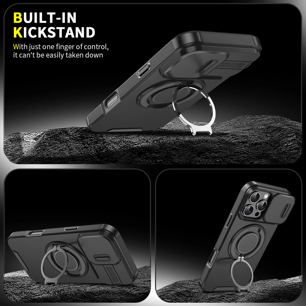 For Magsafe Magnetic Armor Case For iPhone 17 16 15 14 13 12 11 Pro Max Plus Air 17e 16e Ring Holder Slide Camera Protect Cover