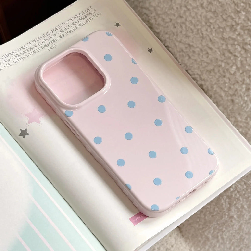 Korean Simple Full Screen Pink Blue Polka Dots Soft Phone Case For iPhone 16 15 14 13 12 17 Pro Max Shockproof Protective Cover