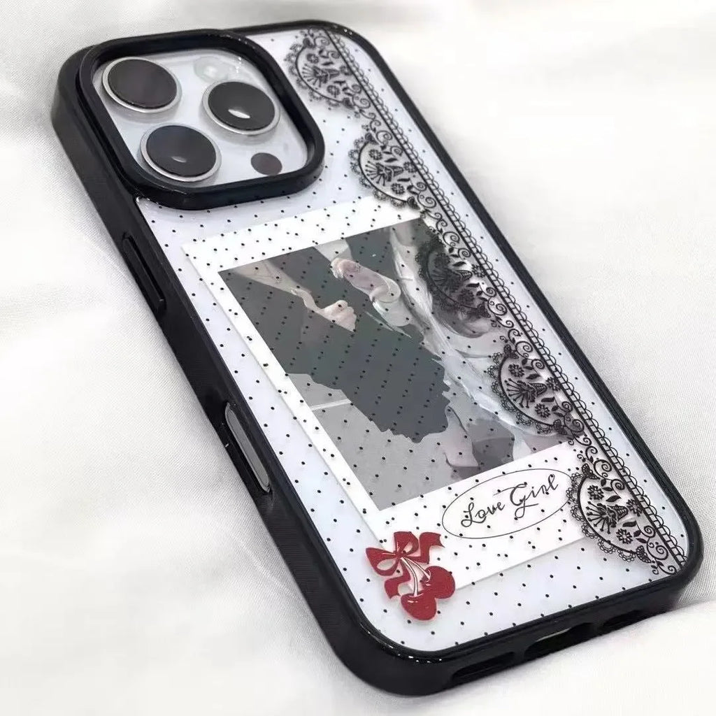 Black Polka Dots Lace Trim Cherry Phone Case For iPhone 17 AIR 16 15 14 13 12 11 Pro MAX X Xr XS 7 8 Plus Y2K Minimalism Cover