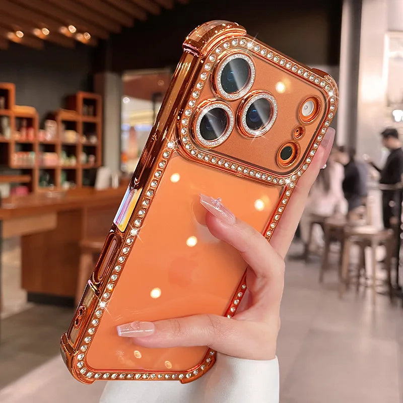 Airbag Bling Diamond Bumper Case For iPhone 17 16 15 14 13 Pro Max Glass Lens Film Transparent Plating Soft 17 16 ProMax Cover