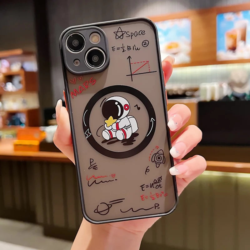 Cartoon Astronaut For Magsafe Wireless Charger Case For iPhone 17e 16e 17 16 14 13 12 15 Pro Max Plus 11 Matte Hard Phone Cover