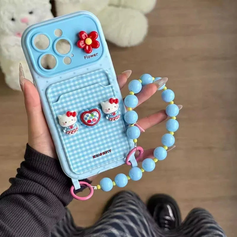 3D Toy Blue Hello Kitty Case for iPhone 17 Pro Max 16 15 Plus 14 Pro 13 12 11 Card Holder Cartoon Phone Cover With Bead Lanyard
