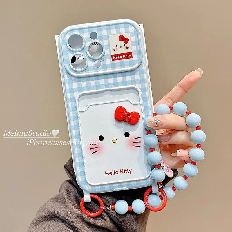 Blue Hello Kitty 3D Bow Case for iPhone 17 Pro Max 16 15 14 Pro 13 12 11 Card Holder Cartoon Phone Cover With Bead Lanyard
