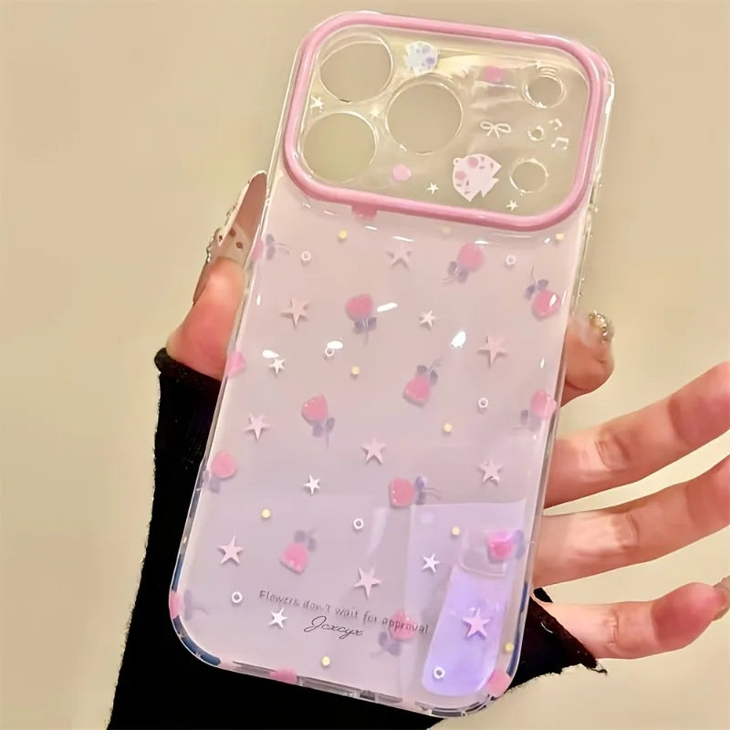 Cute Pink Rose Flowers Stars Pattern Phone Case For iPhone 17 16 Pro 15 14 13 12 11 Pro Max Shockproof Protection Back Cover