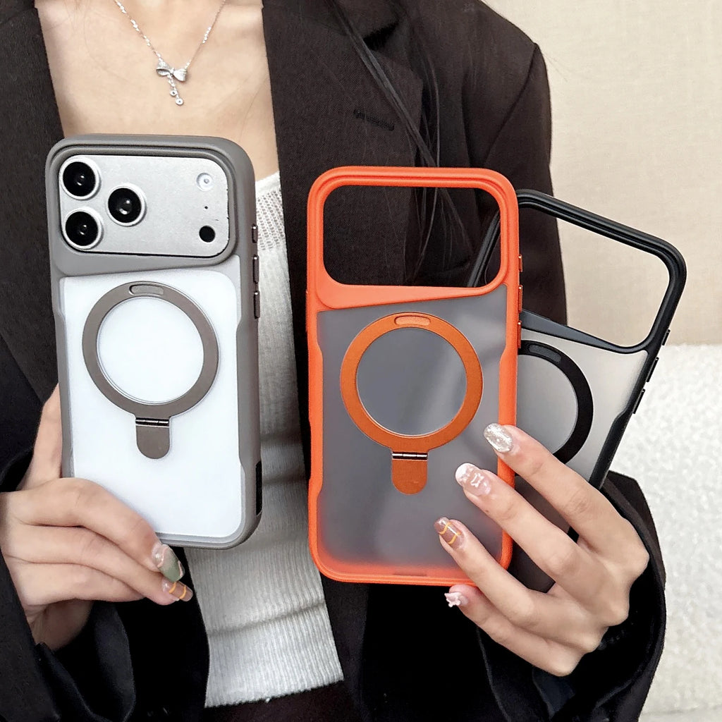 For Magsafe Magnetic Charge Translucent Armor Case For iPhone 17 16 15 14 13 Pro Max Metal Bracket Stand Holder Clear Cover