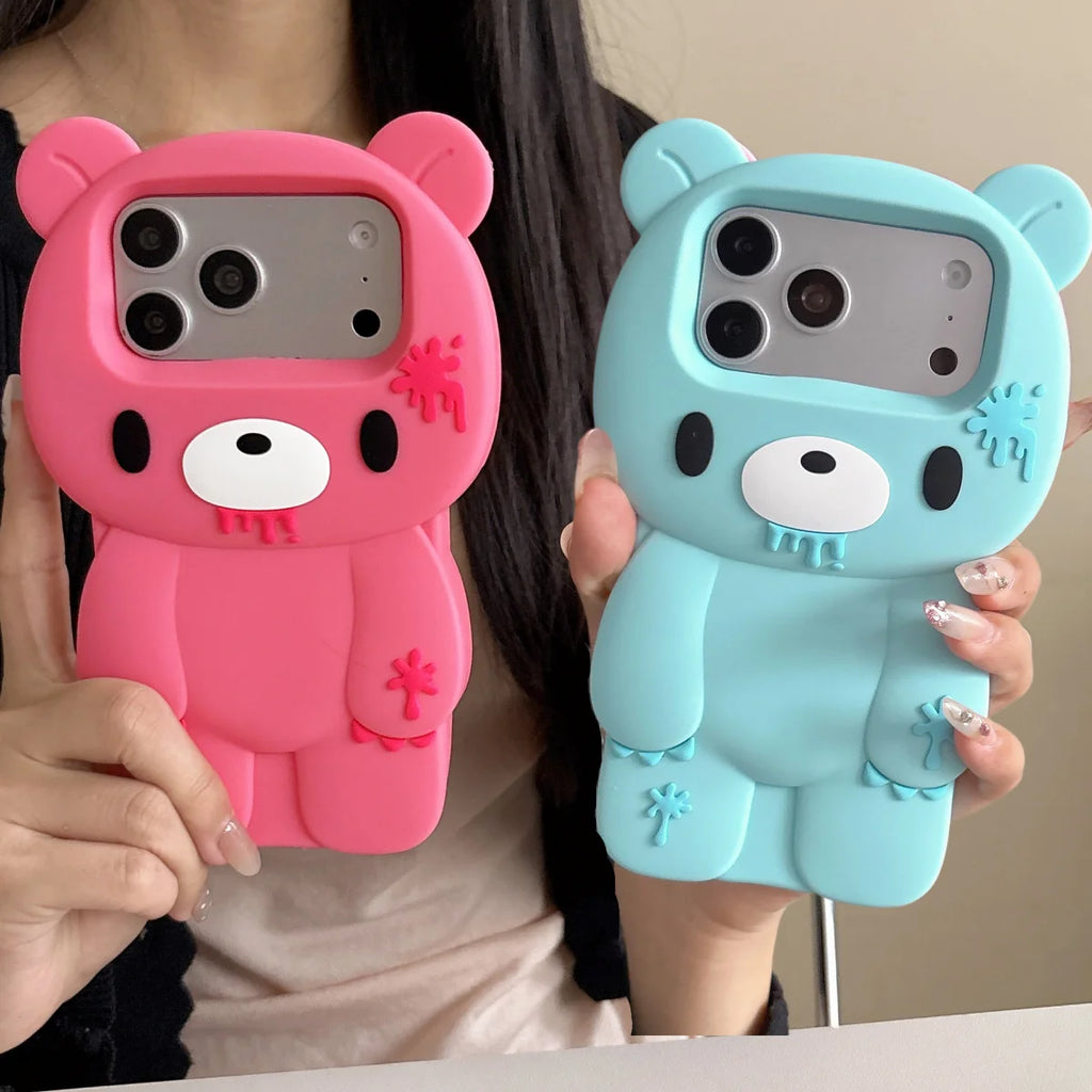 3D Cartoon Cute Blue Unique Bloody Design Bear For iPhone 16 Plus 17 Pro Max 15 14 13 12 Pro Max Phone Case Soft Silicone Cover