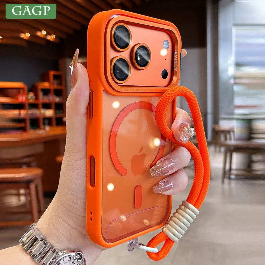 For iPhone 14 15 16 Plus Magnetic Camera Bracket Transparent for Magsafe Case for iPhone 17 16 15 14 13 12 Pro Max Lanyard Cover
