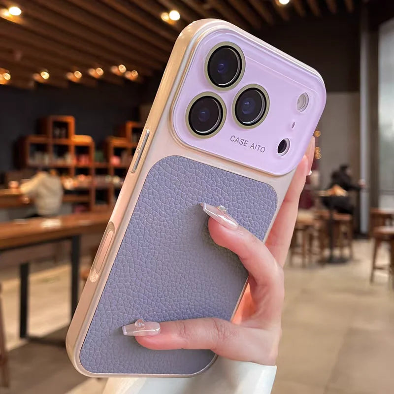 Luxury Litchi Leather Glass Lens Large Window Case For iPhone 17 16 15 14 13 Pro Max Plating Shockproof Bumper Candy Phone Cover