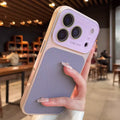 Luxury Litchi Leather Glass Lens Large Window Case For iPhone 17 16 15 14 13 Pro Max Plating Shockproof Bumper Candy Phone Cover