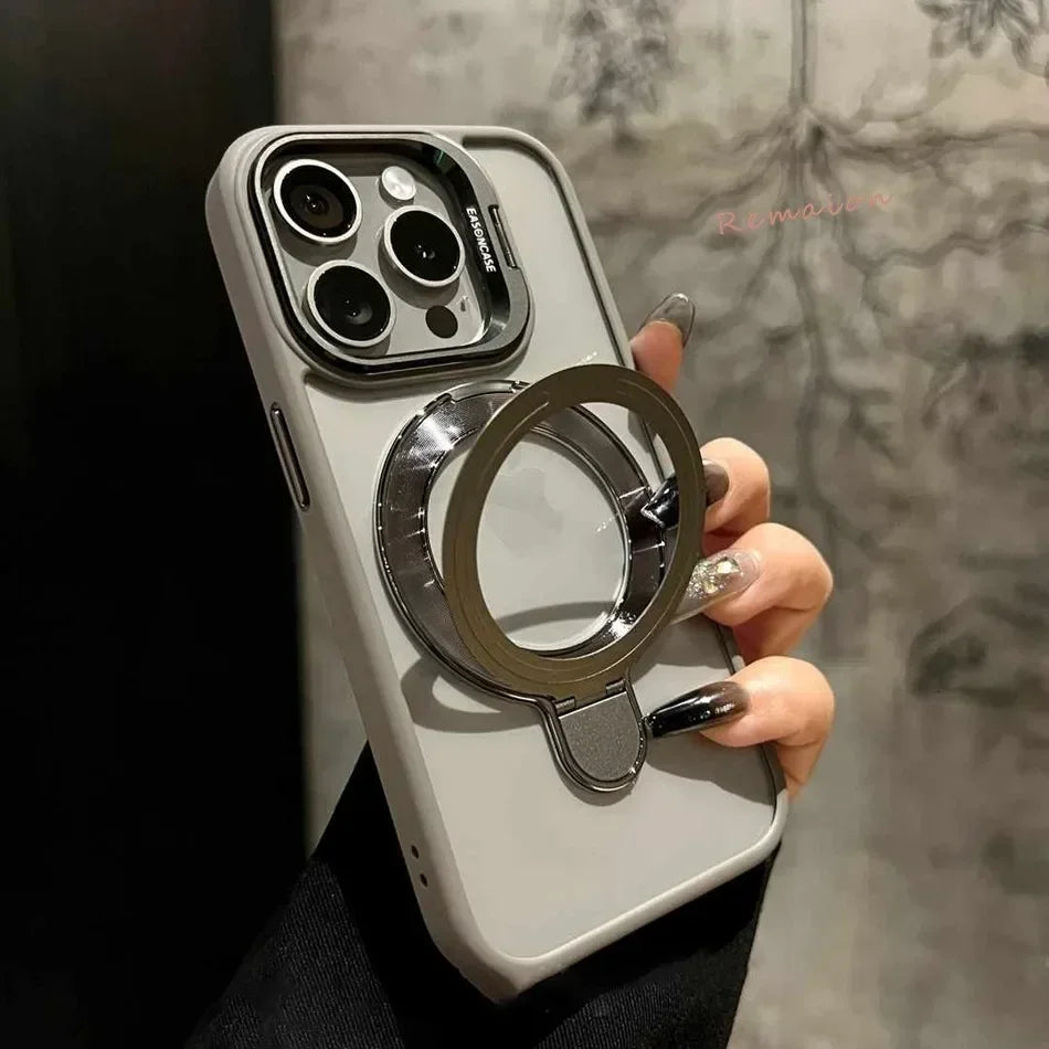 Plum Ring Magnetic Stand Phone Case for iPhone 15 11 13 14 12 16 pro Max 16 plus Magsafe Transparent Glass Lens Protector Cover