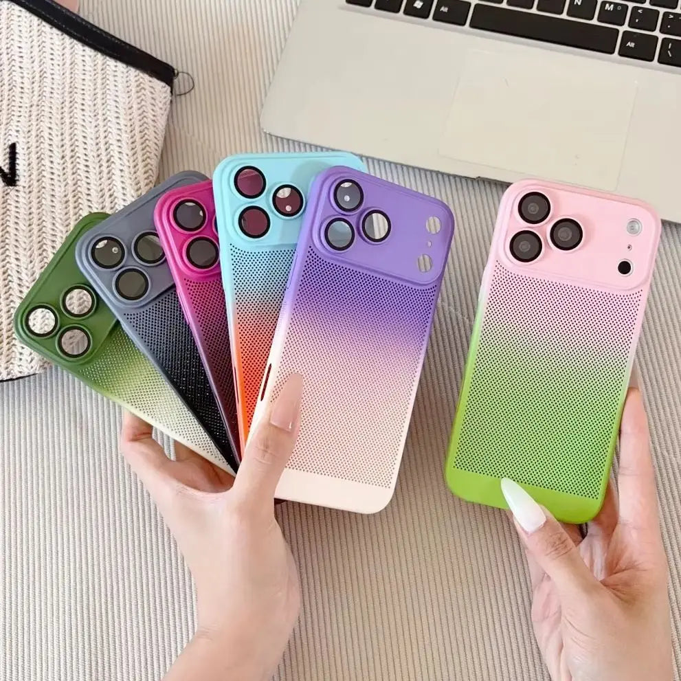 Hollow-Out Heat Dissipation Gradient Phone Case For iPhone 17 Air 16 15 14 13 12 Pro Max Plus Breathable Hole Shockproof Cover