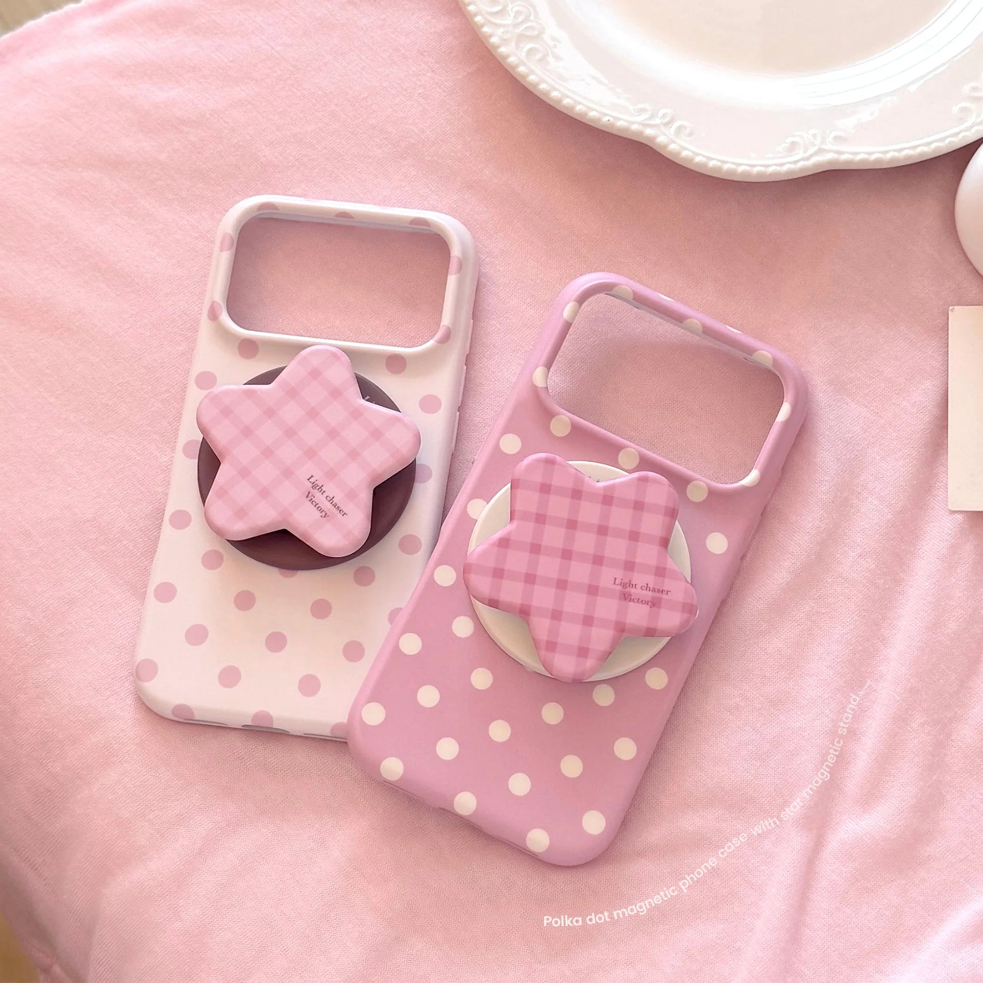 Korean Full Screen Polka Dots With Plaid Stars Magnetic Bracket Phone Case for iPhone 17 16 15 14 Pro Max Shockproof Soft Cover