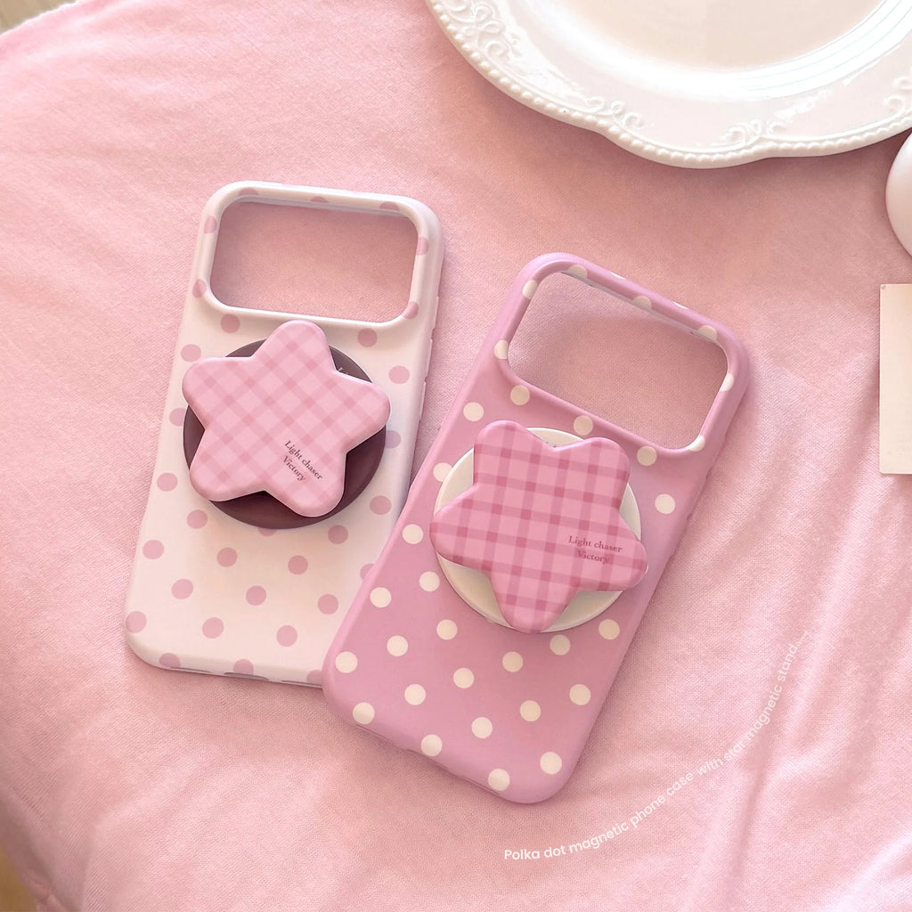 Korean Full Screen Polka Dots With Plaid Stars Magnetic Bracket Phone Case for iPhone 17 16 15 14 Pro Max Shockproof Soft Cover