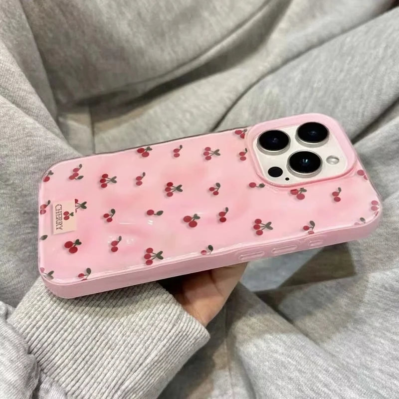 Cute Cherry Folds Texture Phone Case For iPhone 16 15 12 11 Pro Max 13 14 Pro Plus Shockproof Non-Slip Soft Cover Shell Fundas