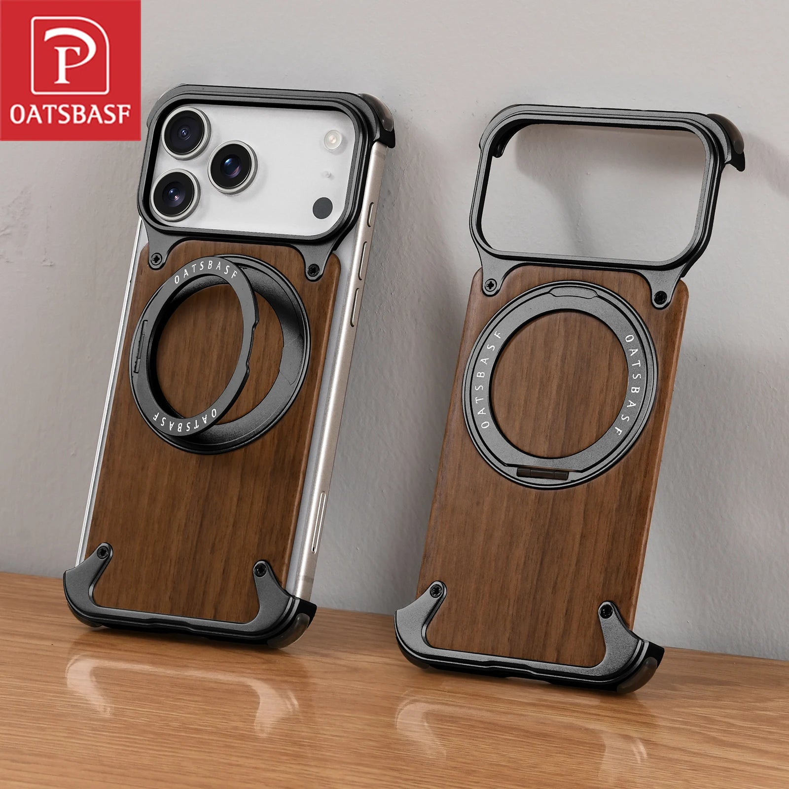 Oatsbasf Solid Wooden Phone Case for iPhone 17 16 Pro/Pro Max with Kickstand 360° Rotatable Magnetic Shockproof Protective Cover