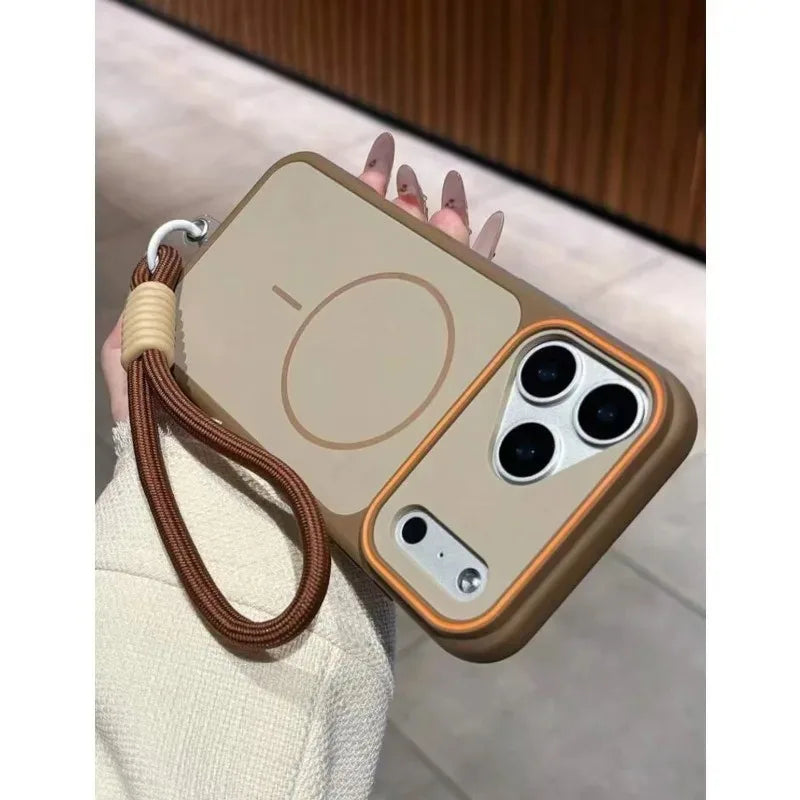 Magnetic Skin Feel Phone Wrist Strap Case Suitable for iPhone 11 12 Pro 13 14 15 Plus 16 17 Pro Max Fashionable Protective Cover