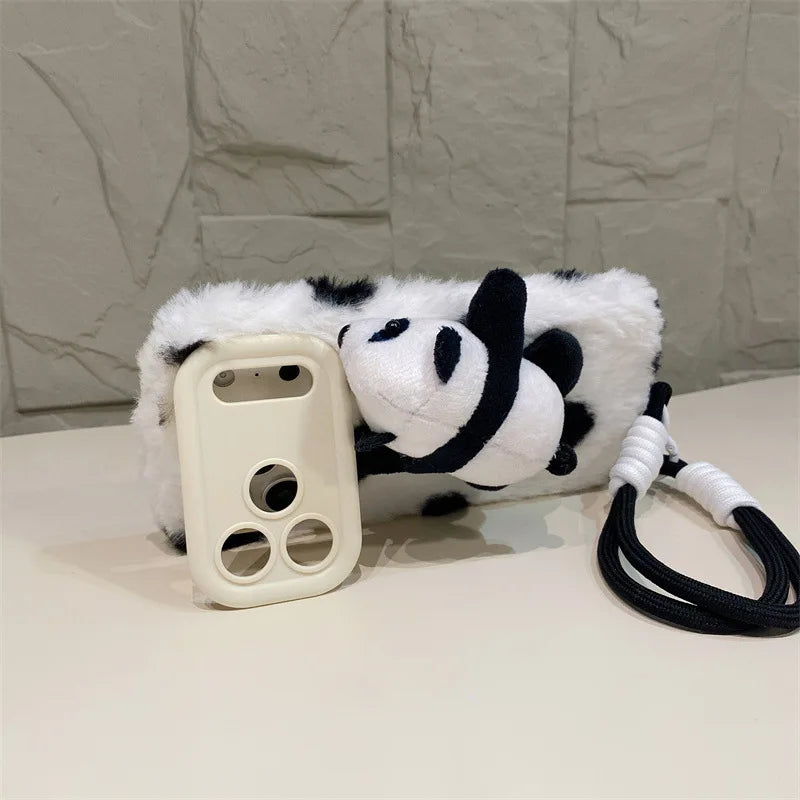 3D Cartoon Panda Doll Plush Phone Case For iPhone 17 Air 16 15 14 13 12 11 Pro Max With Wrist Strap Shockproof Protective Cover