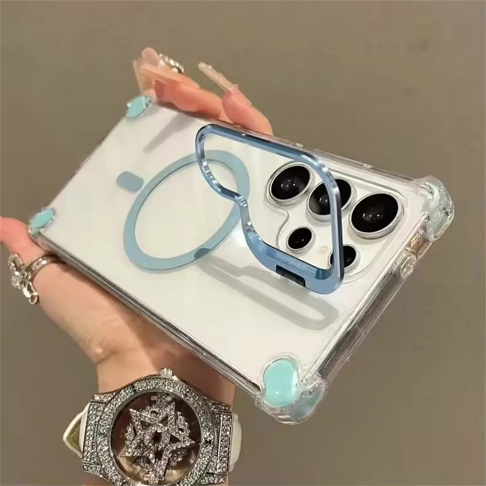 Fold Camera Holder Cases For Samsung Galaxy S25 Ultra 5G Magnetic Cover Funda For Samsung S24 S23 Ultra Transparent Case